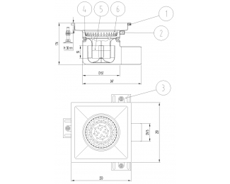 Sumidero sifónico inox 304 EG fijo 250x250mm NBR S/H Ø157 con cestillo