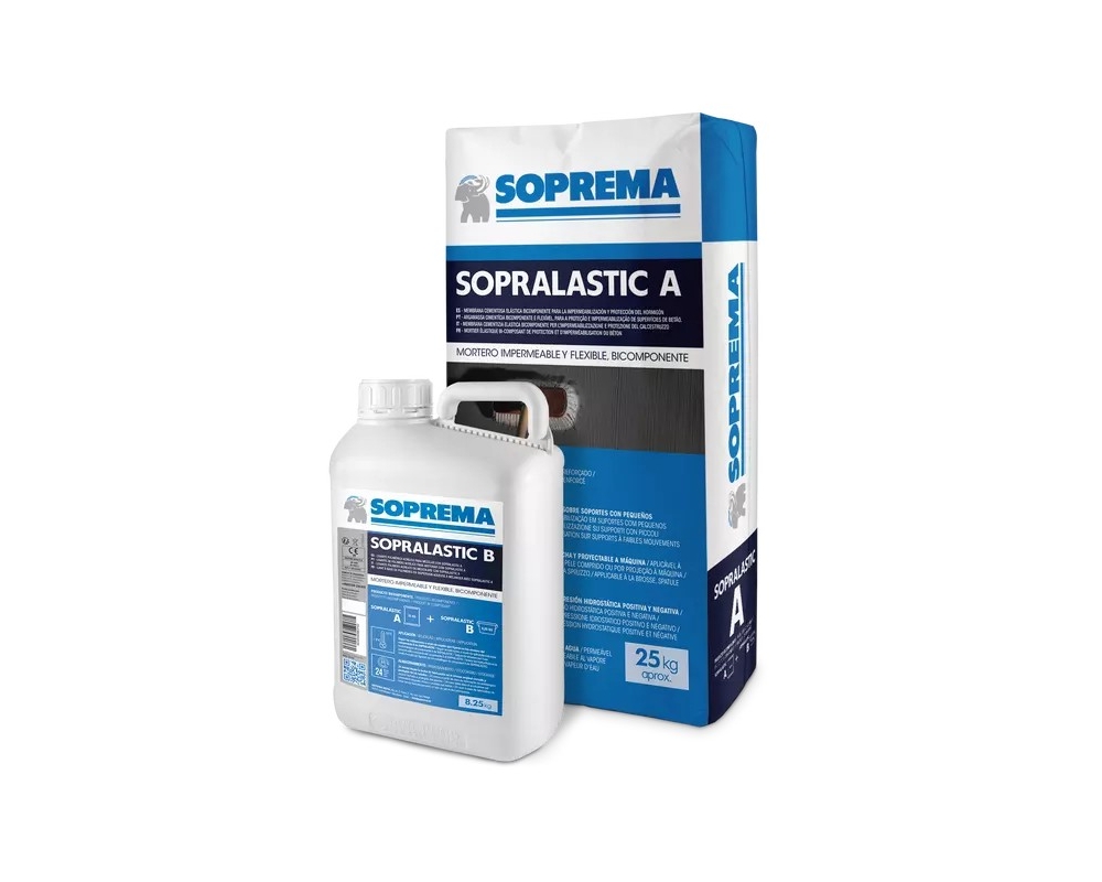 Mortero impermeabilizante elástico Soprema Sopralastic A+B (saco 25kg + garrafa 8,25kg)