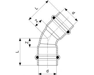 Codo prensado 45° inoxidable hembra-hembra Sanpress Viega 2326