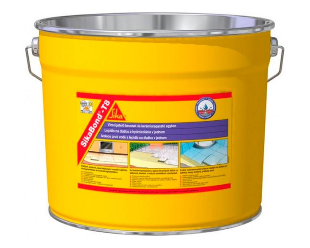 Adhesivo elástico e impermeable para pegado de baldosas SikaBond T-8 cubo 10L