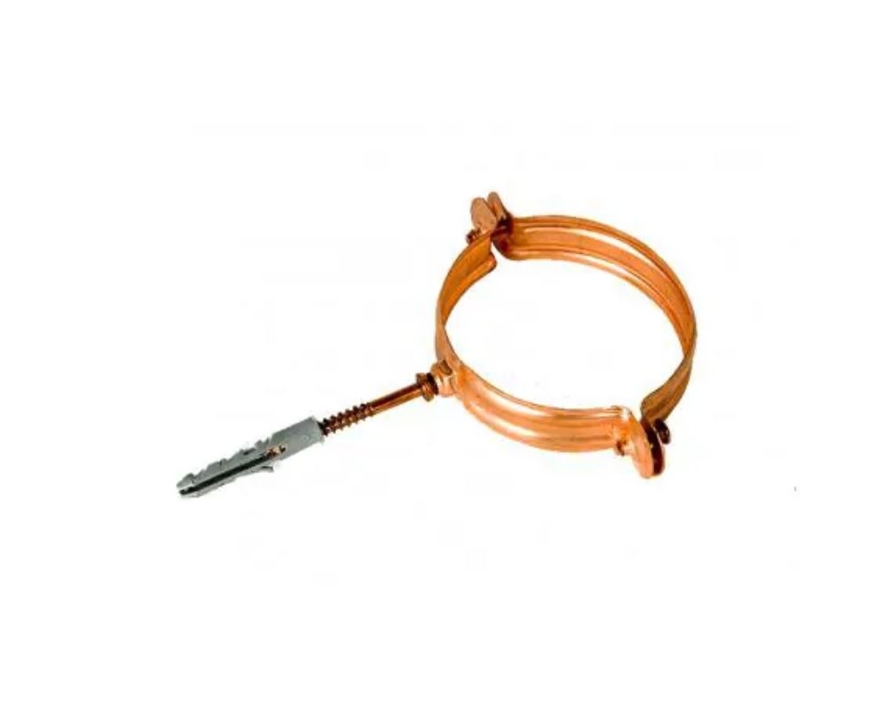 Abrazadera redonda cobre  Ø80mm + tirafondo para bajantes de canalón
