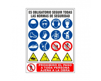 Señal plástico normas de seguridad en obras y prohibición 1000x700 mm