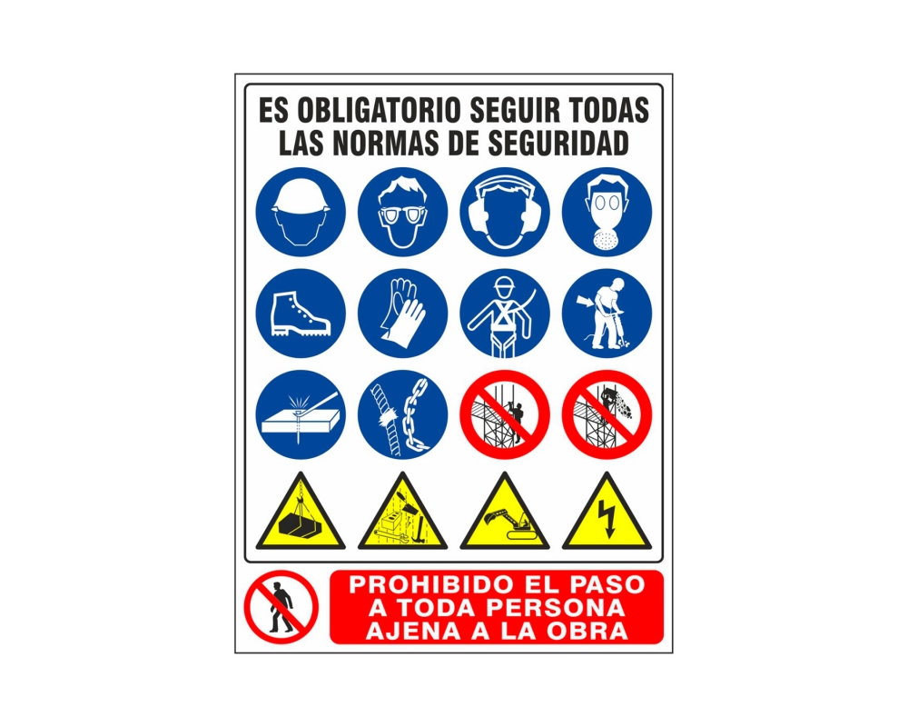 Señal plástico normas de seguridad en obras y prohibición 1000x700 mm